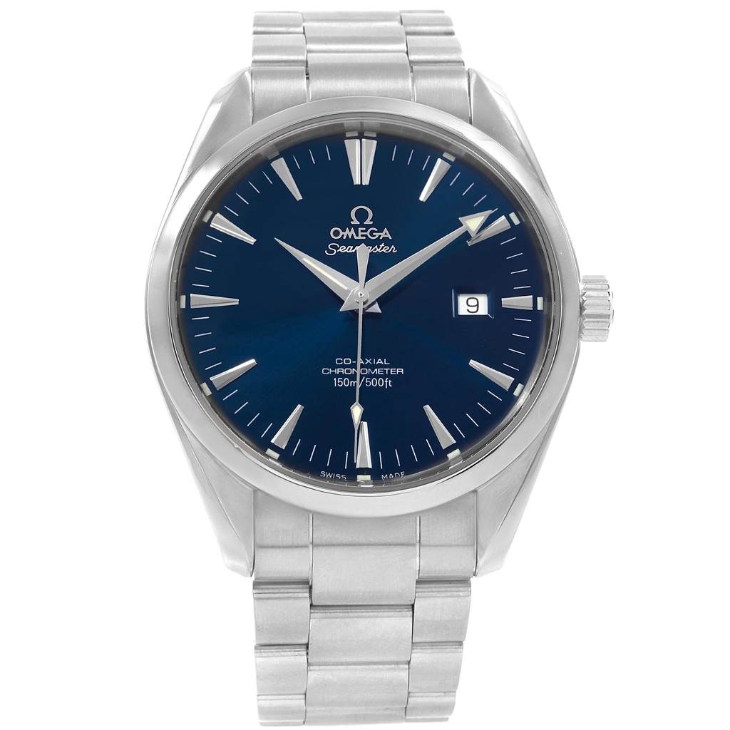 The image shows a front view of the Omega Aqua Terra 2502.80.00 Men's Stainless Steel Blue Dial 2502.80.00 Men's Stainless Steel Blue Dial watch, displaying the dial, hands, date window, and the stainless steel bracelet.