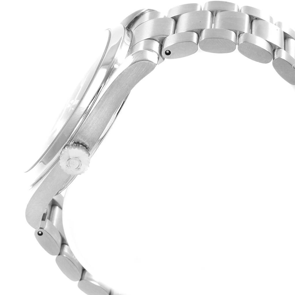 The image shows a side view of the Omega Aqua Terra 2502.80.00 Men's Stainless Steel Blue Dial 2502.80.00 Men's Stainless Steel Blue Dial watch, focusing on the crown and stainless steel bracelet.