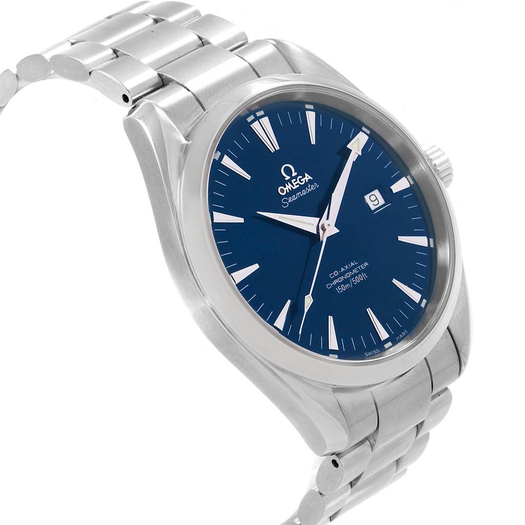The image shows a side-angle view of the Omega Aqua Terra 2502.80.00 Men's Stainless Steel Blue Dial 2502.80.00 Men's Stainless Steel Blue Dial watch, highlighting its blue dial, stainless steel case, and bracelet.