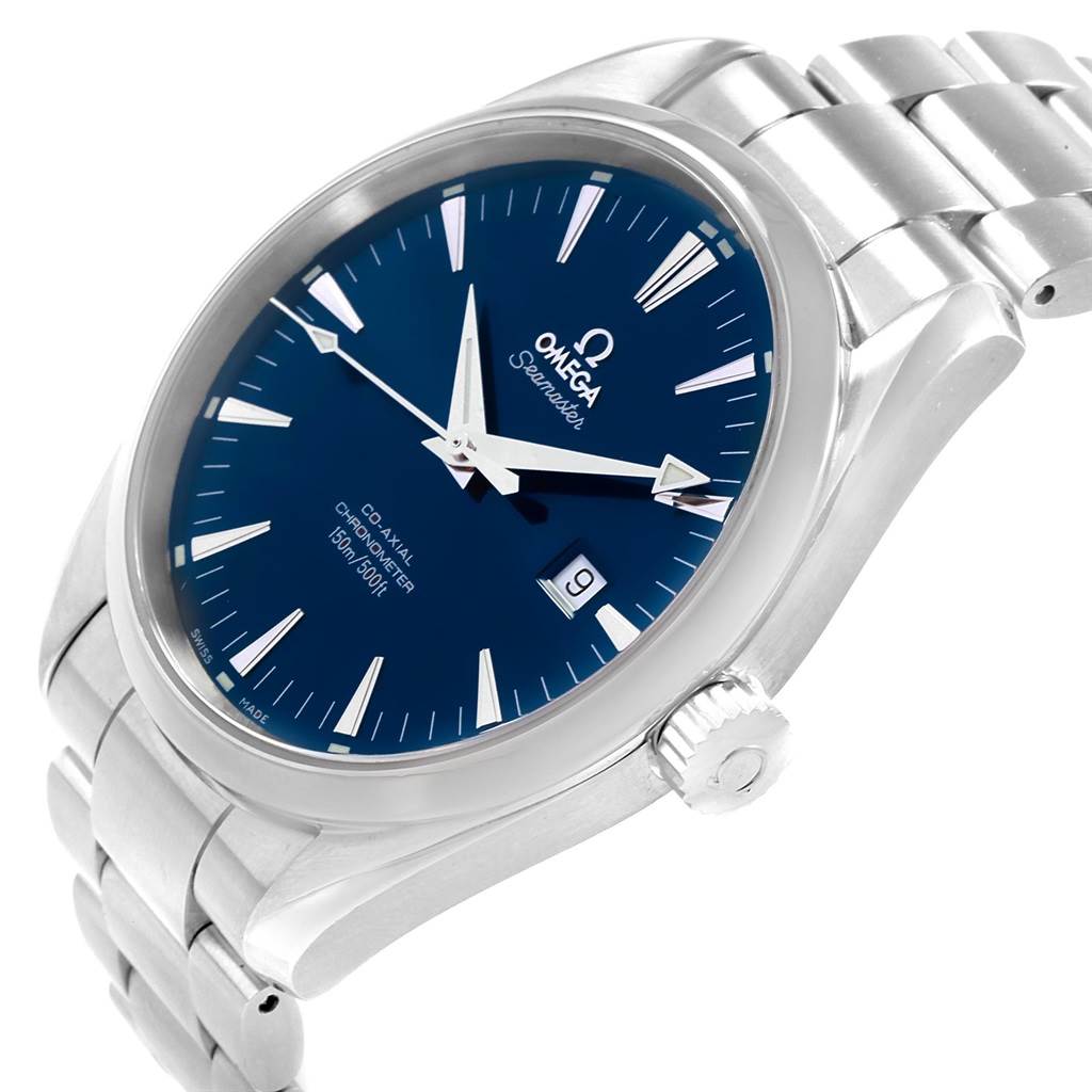 This image shows the Omega Aqua Terra 2502.80.00 Men's Stainless Steel Blue Dial 2502.80.00 Men's Stainless Steel Blue Dial watch at a three-quarter angle, highlighting the blue dial, stainless steel case, and bracelet.