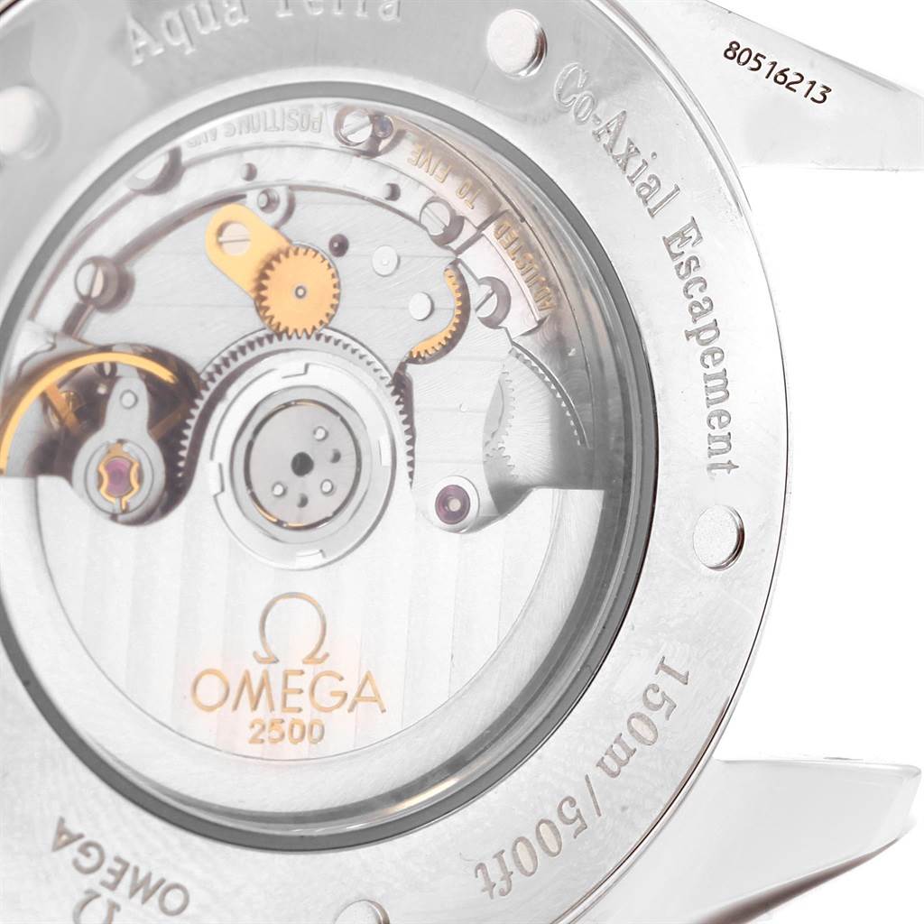 The image shows the rear view of an Omega Aqua Terra 2502.80.00 Men's Stainless Steel Blue Dial 2502.80.00 Men's Stainless Steel Blue Dial watch, displaying its internal Co-Axial Escapement mechanism.