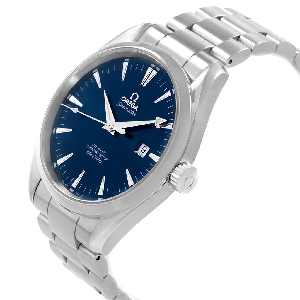 This image shows an Omega Aqua Terra 2502.80.00 Men's Stainless Steel Blue Dial 2502.80.00 Men's Stainless Steel Blue Dial watch at a three-quarter angle, highlighting the blue dial, crown, case, and metal bracelet.