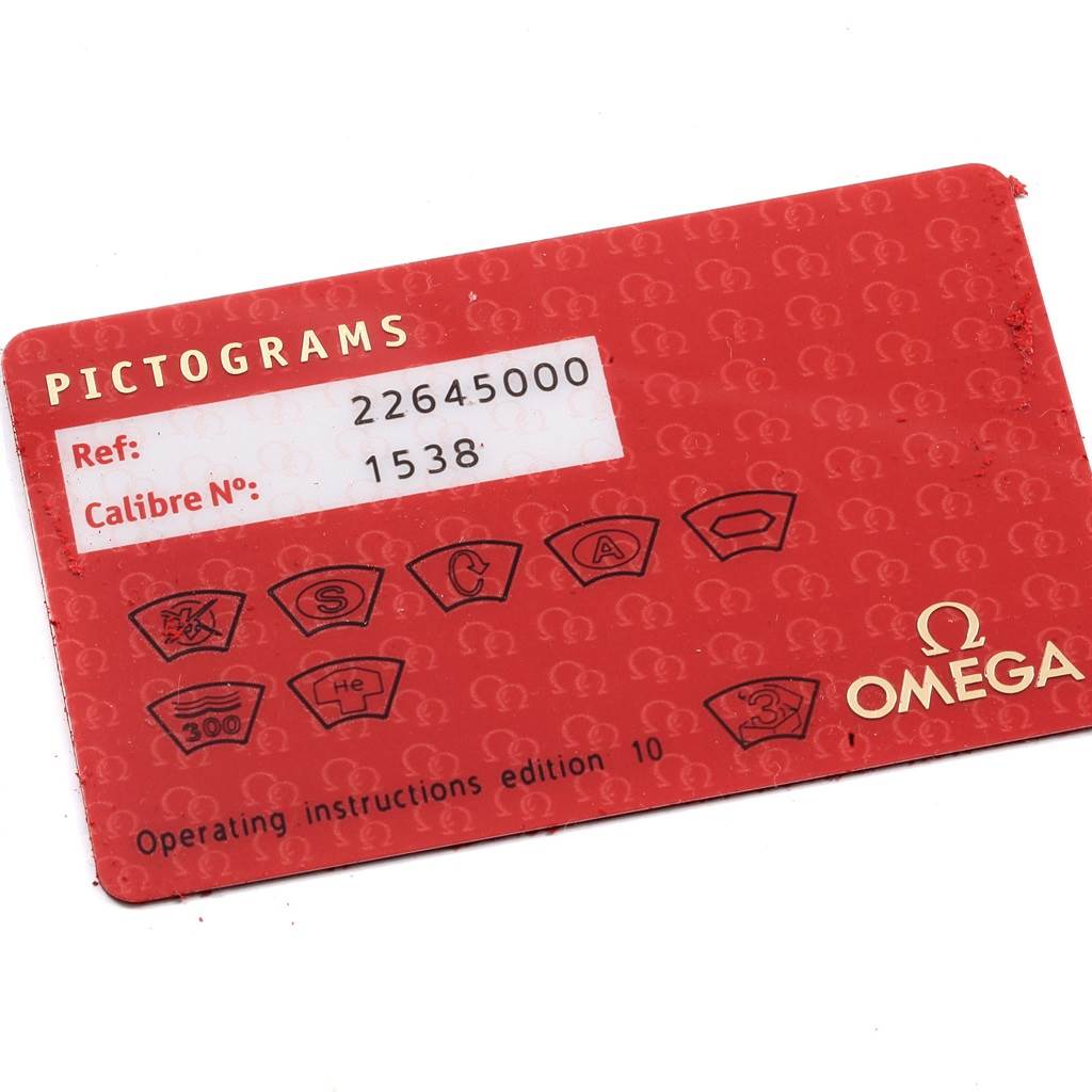 This image shows the pictograms card for the Omega Aqua Terra 2502.80.00 Men's Stainless Steel Blue Dial 2502.80.00 Men's Stainless Steel Blue Dial model, featuring reference and caliber numbers.