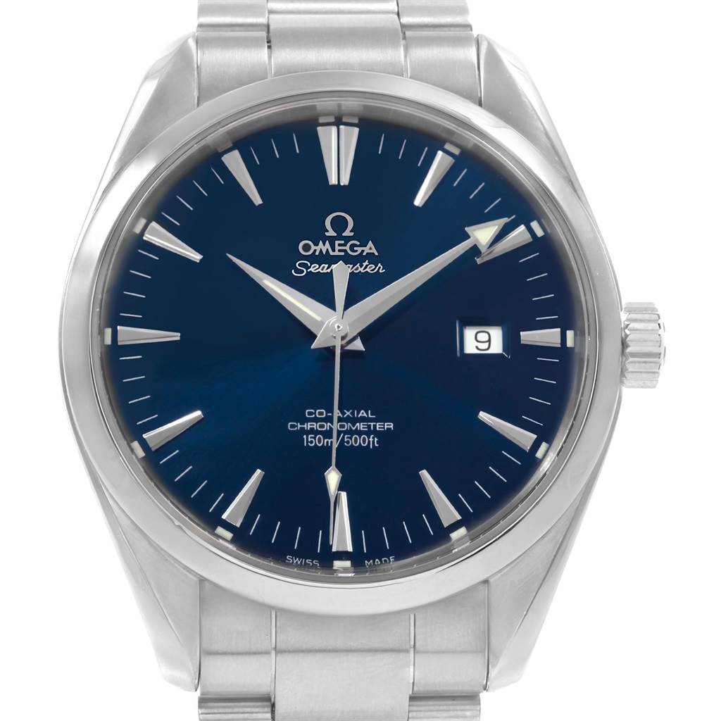 This image shows a front view of an Omega Aqua Terra 2502.80.00 Men's Stainless Steel Blue Dial 2502.80.00 Men's Stainless Steel Blue Dial watch, displaying its blue dial, hour markers, hands, date window, and stainless steel bracelet.
