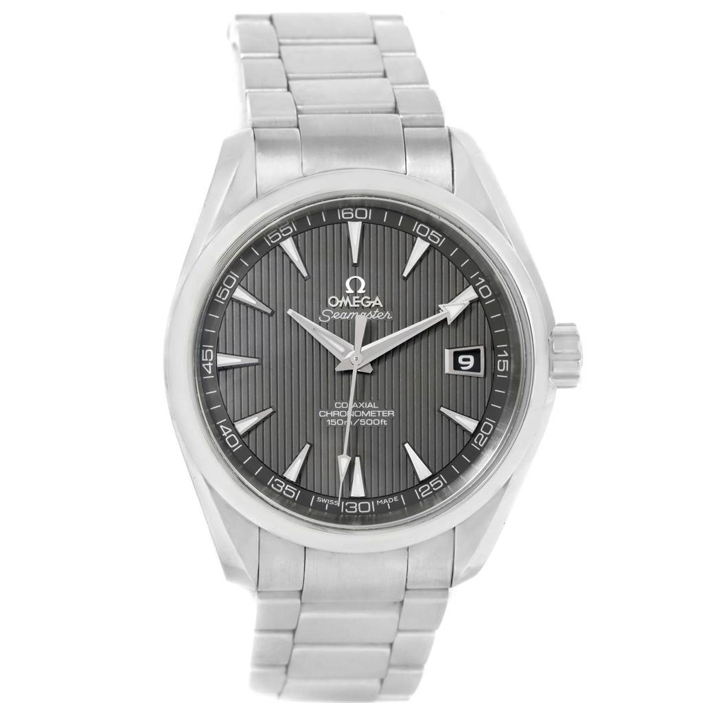 The Omega Aqua Terra 231.10.42.21.06.001 Men's Stainless Steel Grey Dial 231.10.42.21.06.001 Men's Stainless Steel Grey Dial watch is shown from the front, displaying the face, dial, hands, bracelet, and crown.