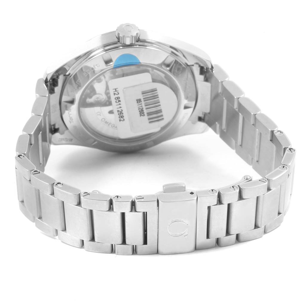 The image shows the back side of the Omega Aqua Terra 231.10.42.21.06.001 Men's Stainless Steel Grey Dial 231.10.42.21.06.001 Men's Stainless Steel Grey Dial watch, highlighting the stainless steel bracelet and clasp.
