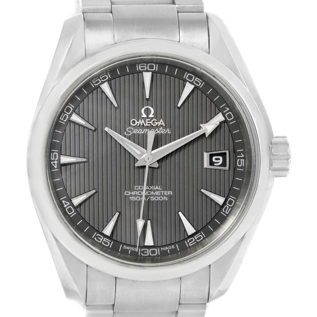 This image shows a front view of the Omega Aqua Terra 231.10.42.21.06.001 Men's Stainless Steel Grey Dial 231.10.42.21.06.001 Men's Stainless Steel Grey Dial watch displaying the face, bezel, and a portion of the stainless steel band.