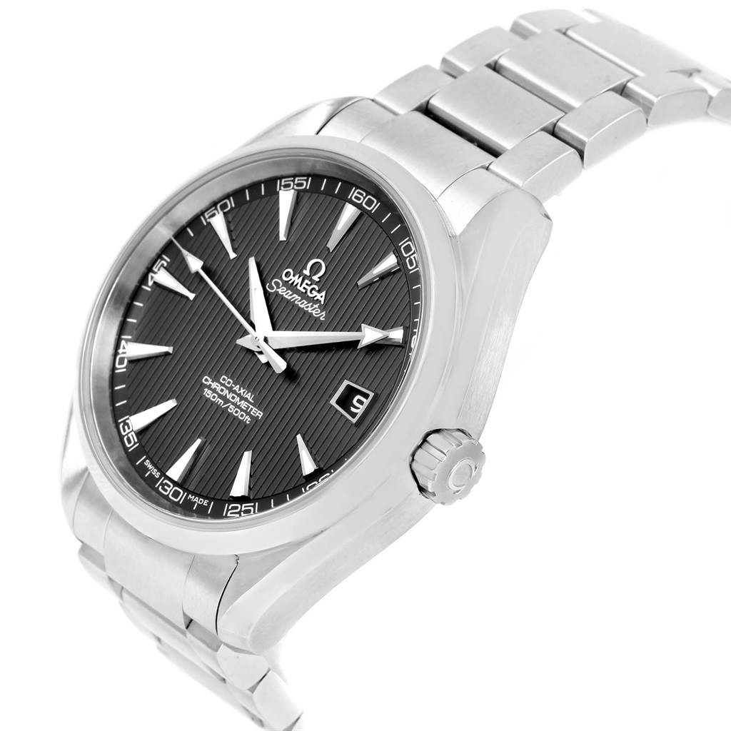 The image shows an angled view of the Omega Aqua Terra 231.10.42.21.06.001 Men's Stainless Steel Grey Dial 231.10.42.21.06.001 Men's Stainless Steel Grey Dial watch, highlighting its face, crown, and part of the metal bracelet.