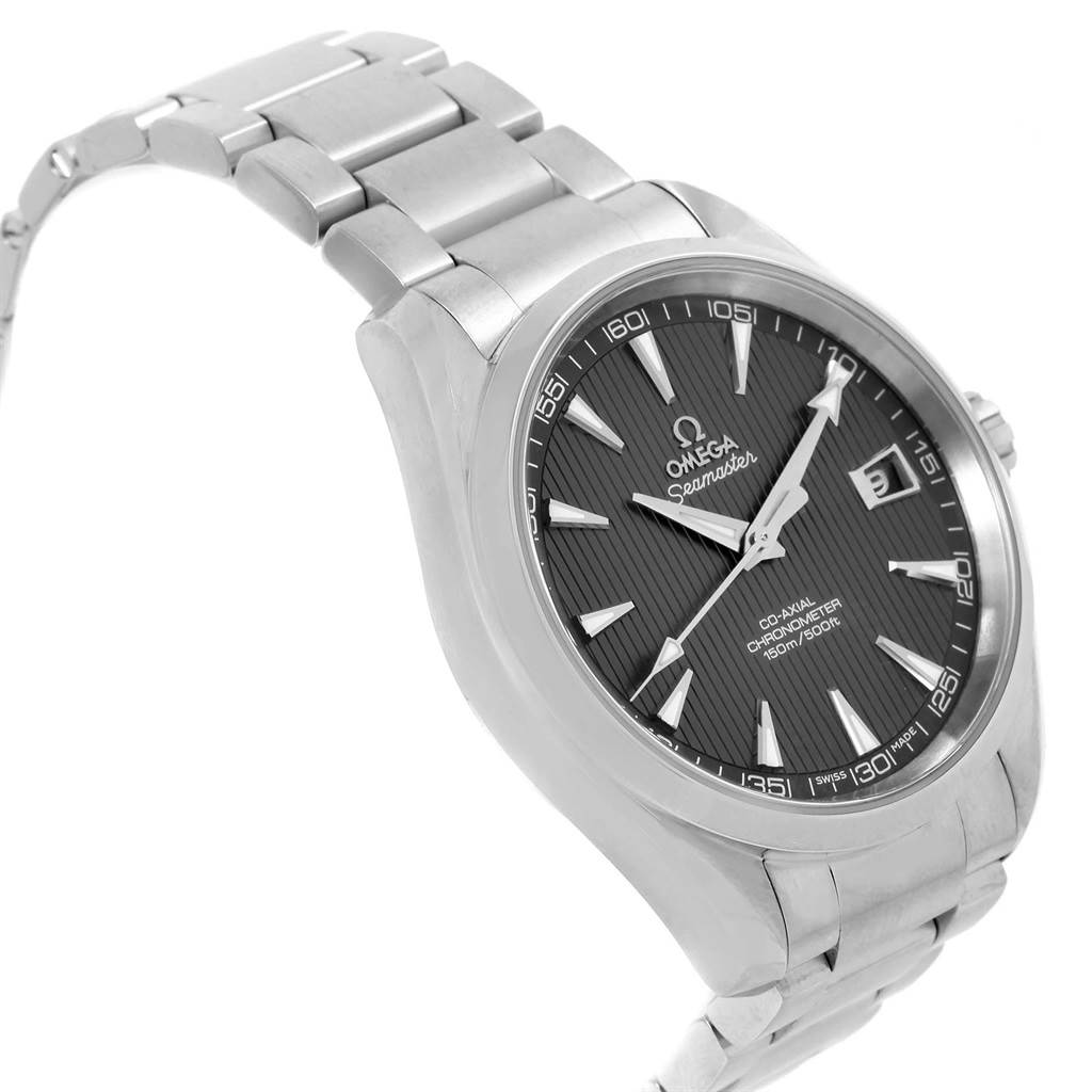 This image shows the face, bezel, and band of the Omega Aqua Terra 231.10.42.21.06.001 Men's Stainless Steel Grey Dial 231.10.42.21.06.001 Men's Stainless Steel Grey Dial watch from an angled perspective.