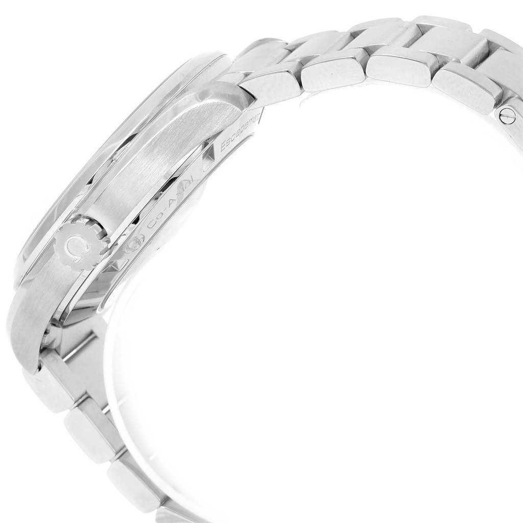 This image shows a side view of the Omega Aqua Terra 231.10.42.21.06.001 Men's Stainless Steel Grey Dial 231.10.42.21.06.001 Men's Stainless Steel Grey Dial watch, highlighting the metal bracelet and crown.