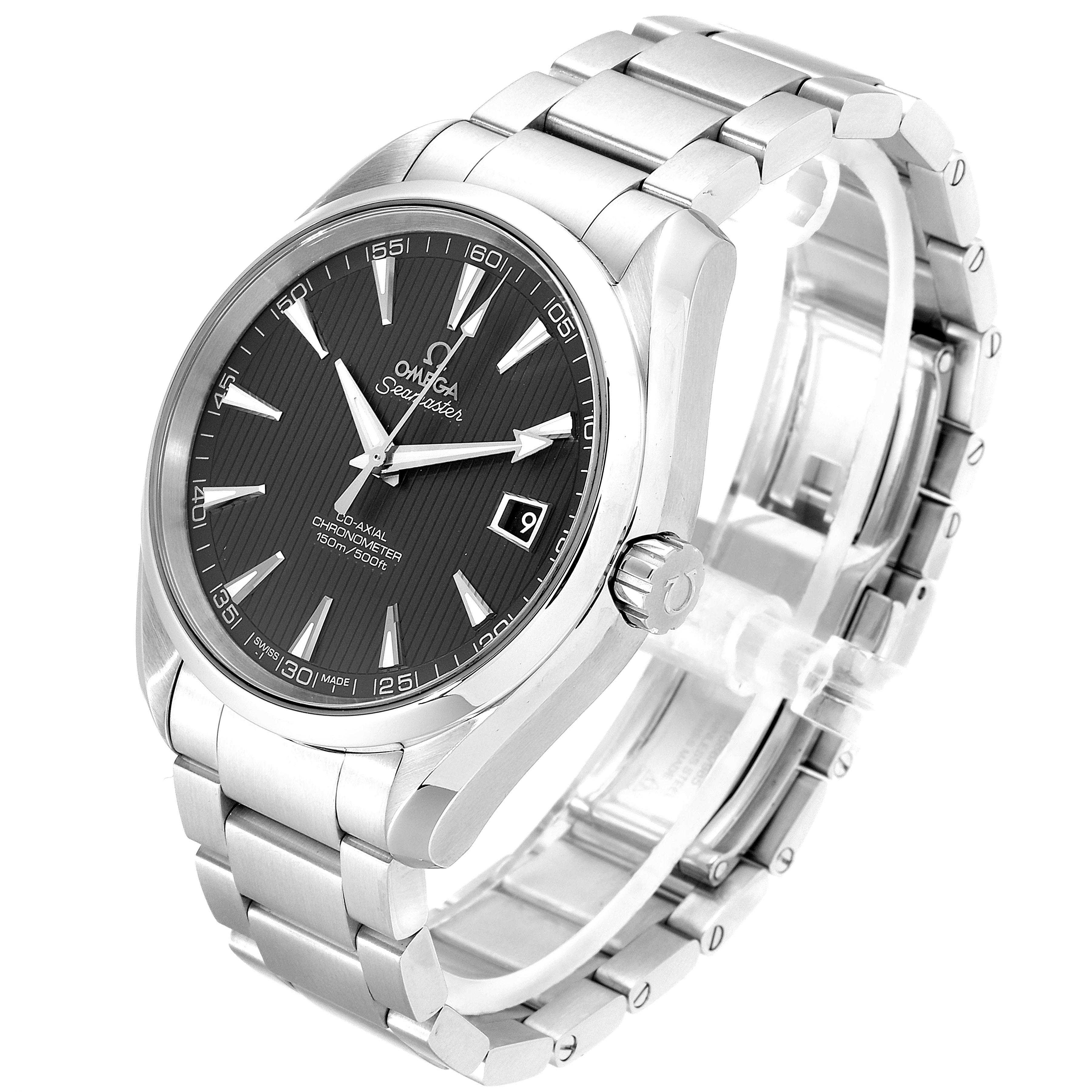 The Omega Aqua Terra 231.10.42.21.06.001 Men's Stainless Steel Grey Dial 231.10.42.21.06.001 Men's Stainless Steel Grey Dial watch is displayed at a slanted angle, showing its face, bracelet, and crown clearly.