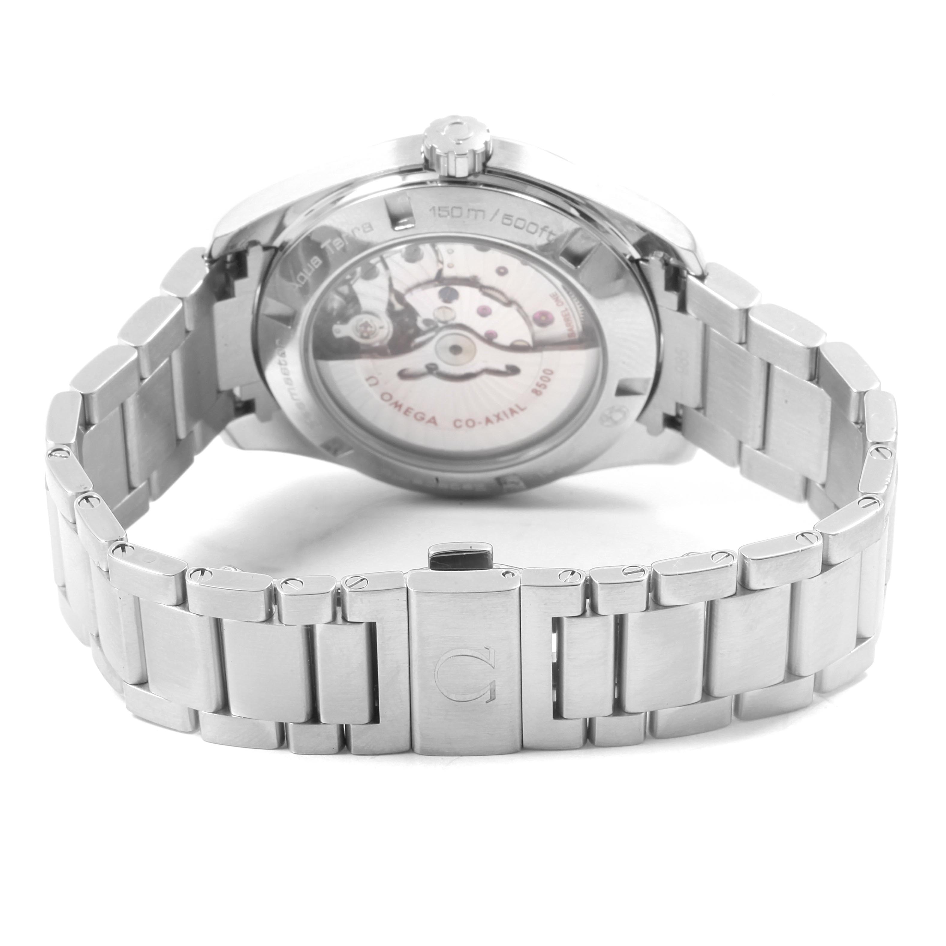 The image shows the back view of an Omega Aqua Terra 231.10.42.21.06.001 Men's Stainless Steel Grey Dial 231.10.42.21.06.001 Men's Stainless Steel Grey Dial watch, highlighting its stainless steel bracelet and transparent case back.