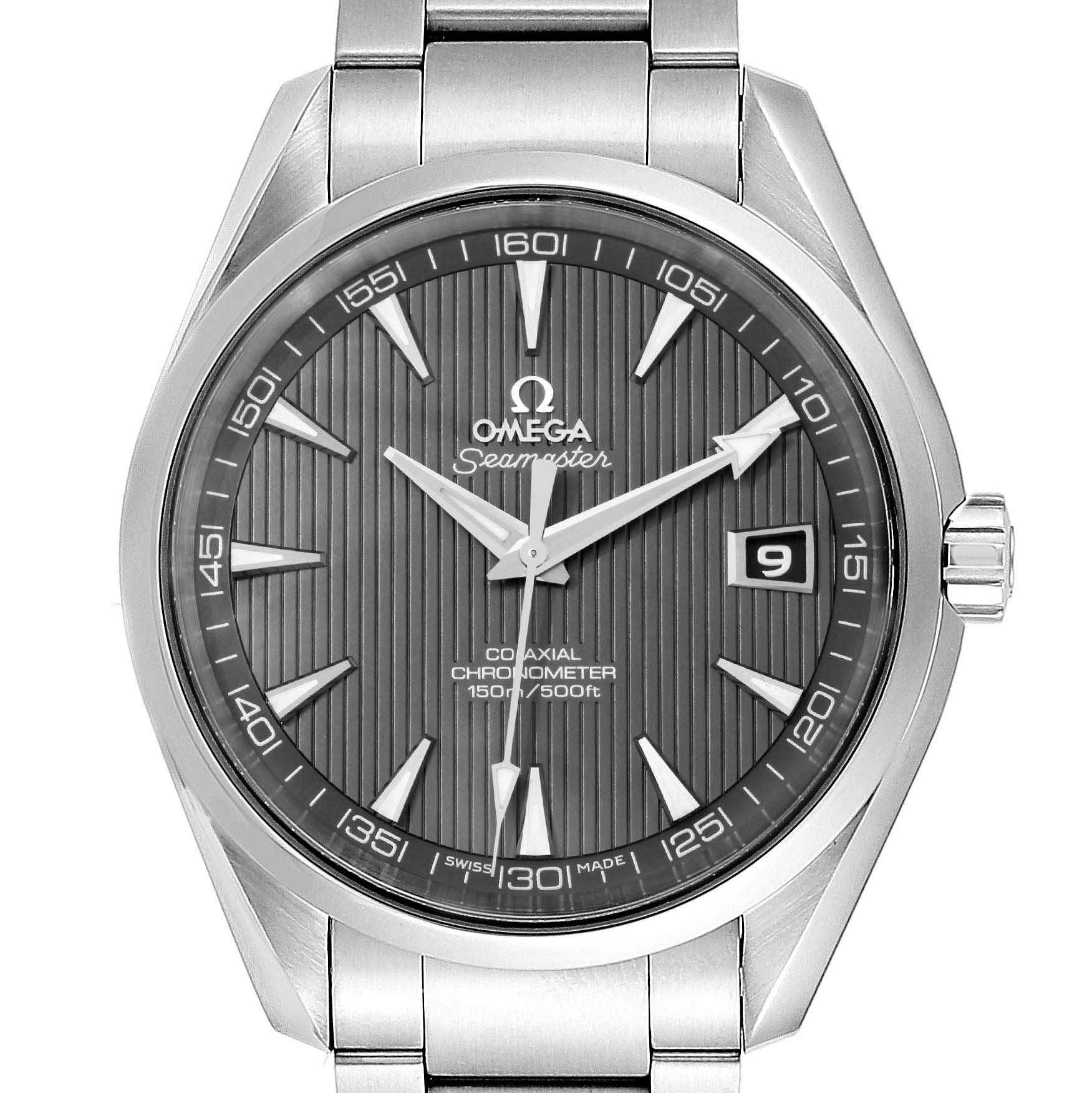 The image shows a front view of the Omega Aqua Terra 231.10.42.21.06.001 Men's Stainless Steel Grey Dial 231.10.42.21.06.001 Men's Stainless Steel Grey Dial watch, displaying the face, hands, hour markers, and metal bracelet.