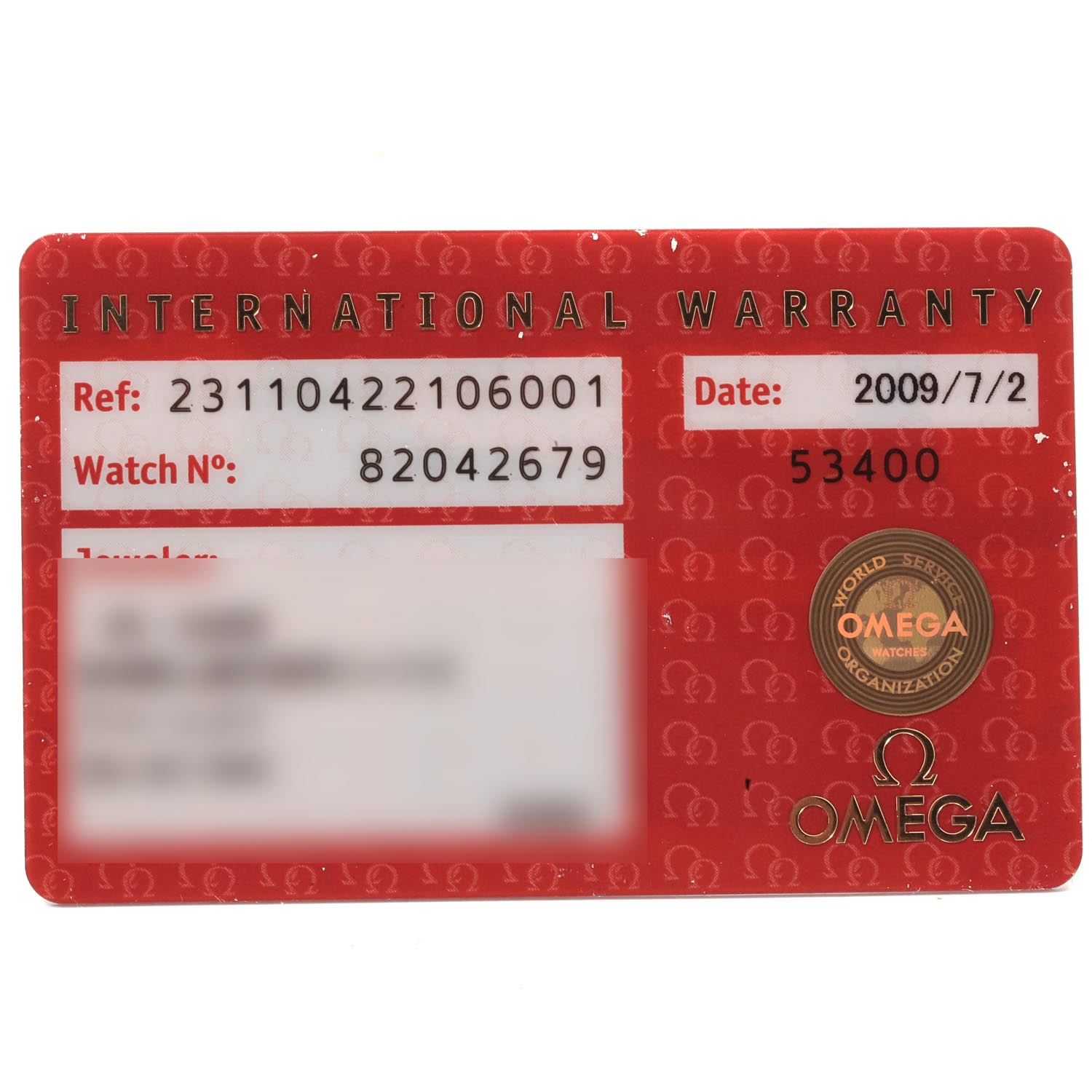 This image shows the warranty card for the Omega Aqua Terra 231.10.42.21.06.001 Men's Stainless Steel Grey Dial 231.10.42.21.06.001 Men's Stainless Steel Grey Dial model watch.