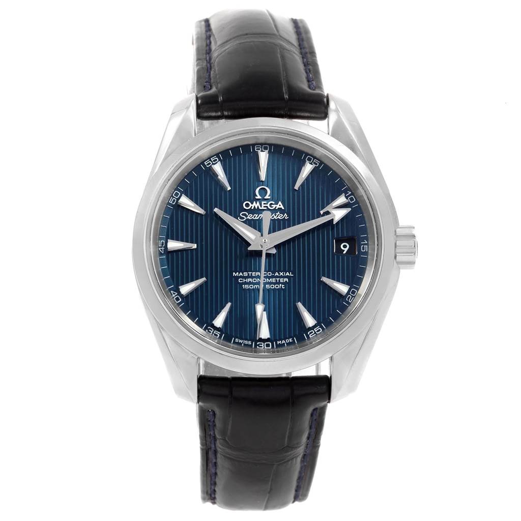 The image shows a front view of an Omega Aqua Terra 231.13.39.21.03.001 Men's Stainless Steel Blue Dial 231.13.39.21.03.001 Men's Stainless Steel Blue Dial watch, highlighting the dial, hands, date window, case, and strap.