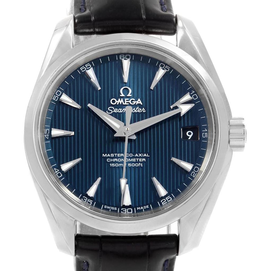 The image shows a frontal view of the Omega Aqua Terra 231.13.39.21.03.001 Men's Stainless Steel Blue Dial 231.13.39.21.03.001 Men's Stainless Steel Blue Dial watch, highlighting the blue dial, indices, hands, date window, and crown.