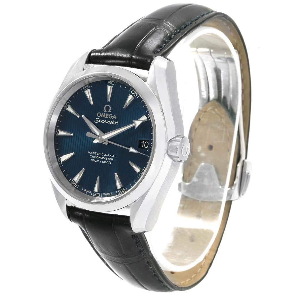 The Omega Aqua Terra 231.13.39.21.03.001 Men's Stainless Steel Blue Dial 231.13.39.21.03.001 Men's Stainless Steel Blue Dial watch is shown at an angle displaying its face, crown, and leather strap.