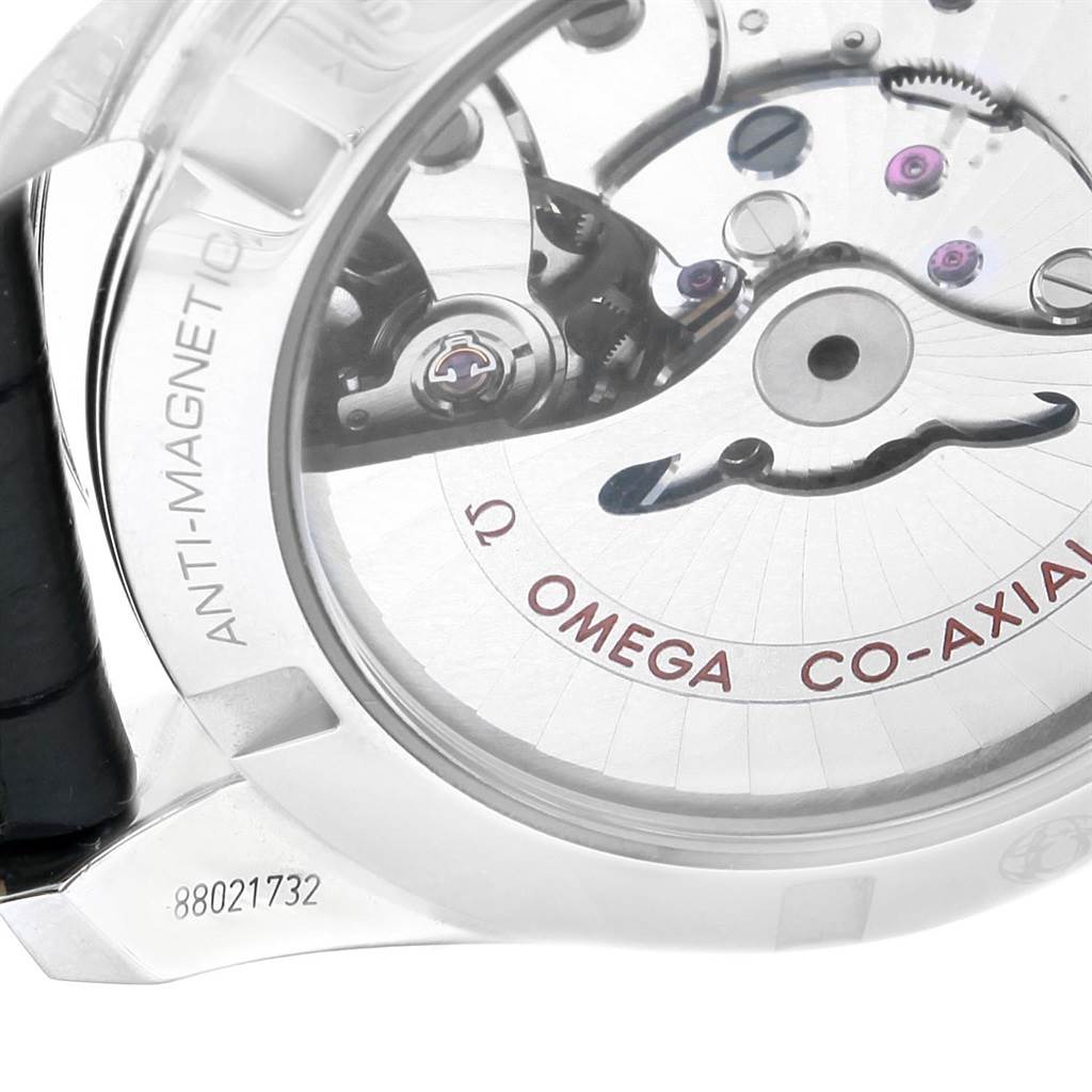 The image shows a close-up of the Omega Aqua Terra 231.13.39.21.03.001 Men's Stainless Steel Blue Dial 231.13.39.21.03.001 Men's Stainless Steel Blue Dial's transparent case back, revealing the Co-Axial movement mechanism.