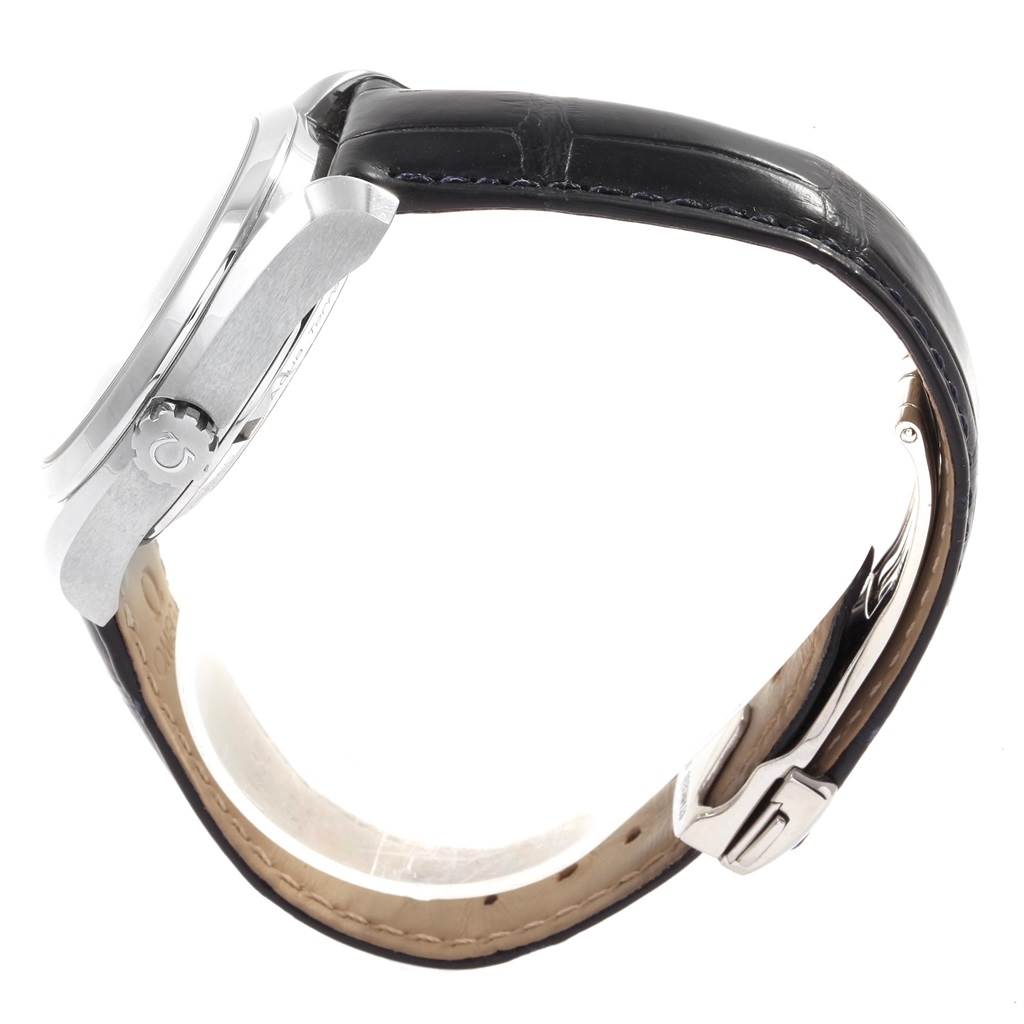 The image shows a side view of the Omega Aqua Terra 231.13.39.21.03.001 Men's Stainless Steel Blue Dial 231.13.39.21.03.001 Men's Stainless Steel Blue Dial watch, highlighting the crown, case, and leather strap with a buckle.