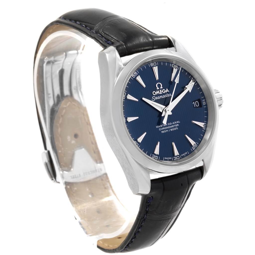 The Omega Aqua Terra 231.13.39.21.03.001 Men's Stainless Steel Blue Dial 231.13.39.21.03.001 Men's Stainless Steel Blue Dial watch is shown at a slight angle, highlighting its blue dial and black leather strap.