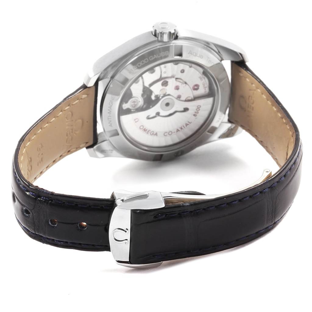 The image shows the back of an Omega Aqua Terra 231.13.39.21.03.001 Men's Stainless Steel Blue Dial 231.13.39.21.03.001 Men's Stainless Steel Blue Dial watch and part of its black leather strap with a clasp.