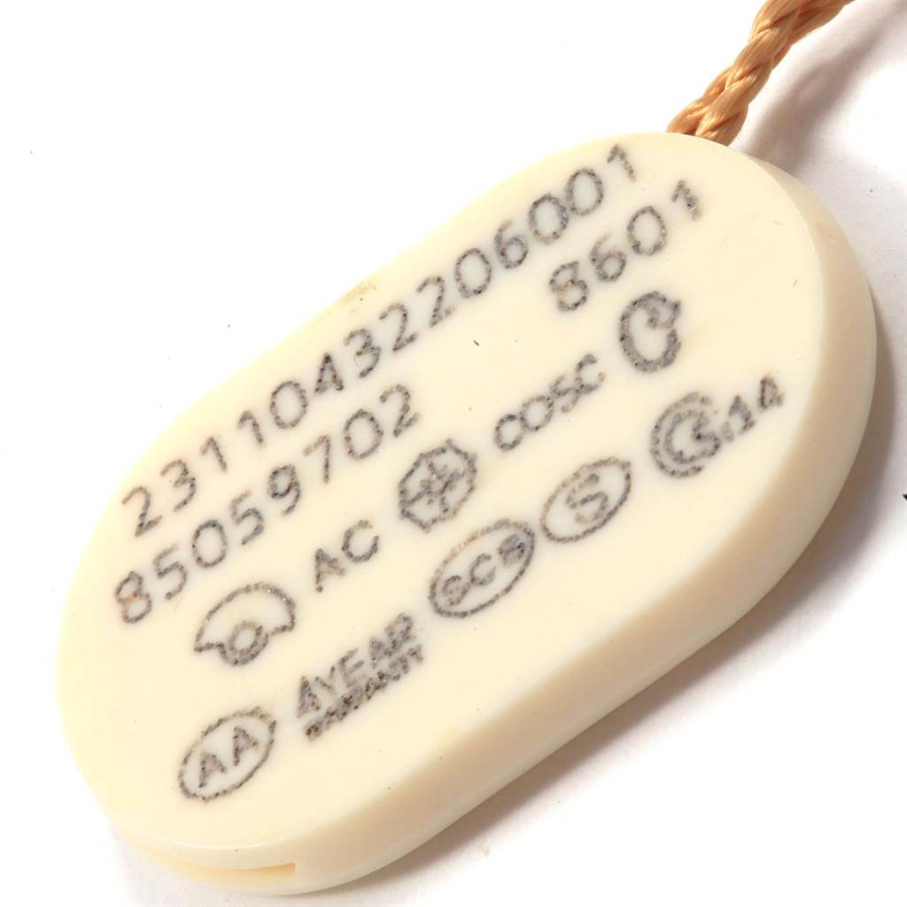 This image shows a certification tag for the Omega Aqua Terra 231.10.43.22.06.001 Men's Stainless Steel Grey Dial 231.10.43.22.06.001 Men's Stainless Steel Grey Dial model watch, featuring various codes and symbols.