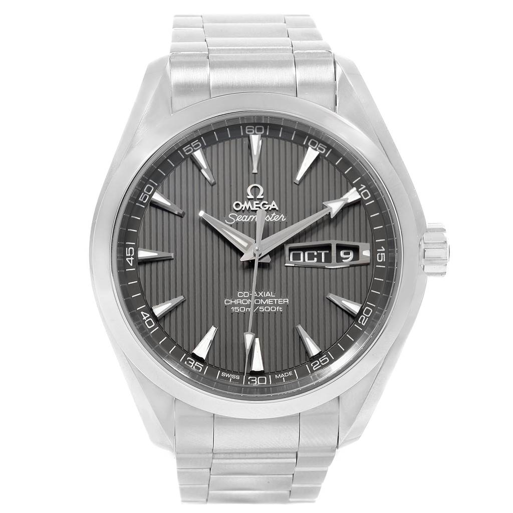 This is a front view of the Omega Aqua Terra 231.10.43.22.06.001 Men's Stainless Steel Grey Dial 231.10.43.22.06.001 Men's Stainless Steel Grey Dial, showing the watch face, hands, date display, and part of the metal bracelet.
