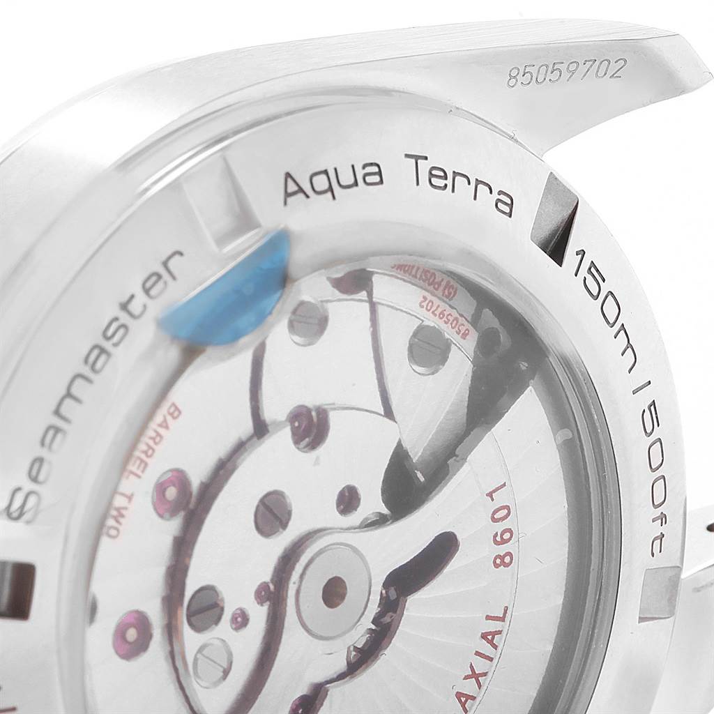 This image shows the rear view of the Omega Aqua Terra 231.10.43.22.06.001 Men's Stainless Steel Grey Dial 231.10.43.22.06.001 Men's Stainless Steel Grey Dial watch, highlighting the internal mechanism and engravings.