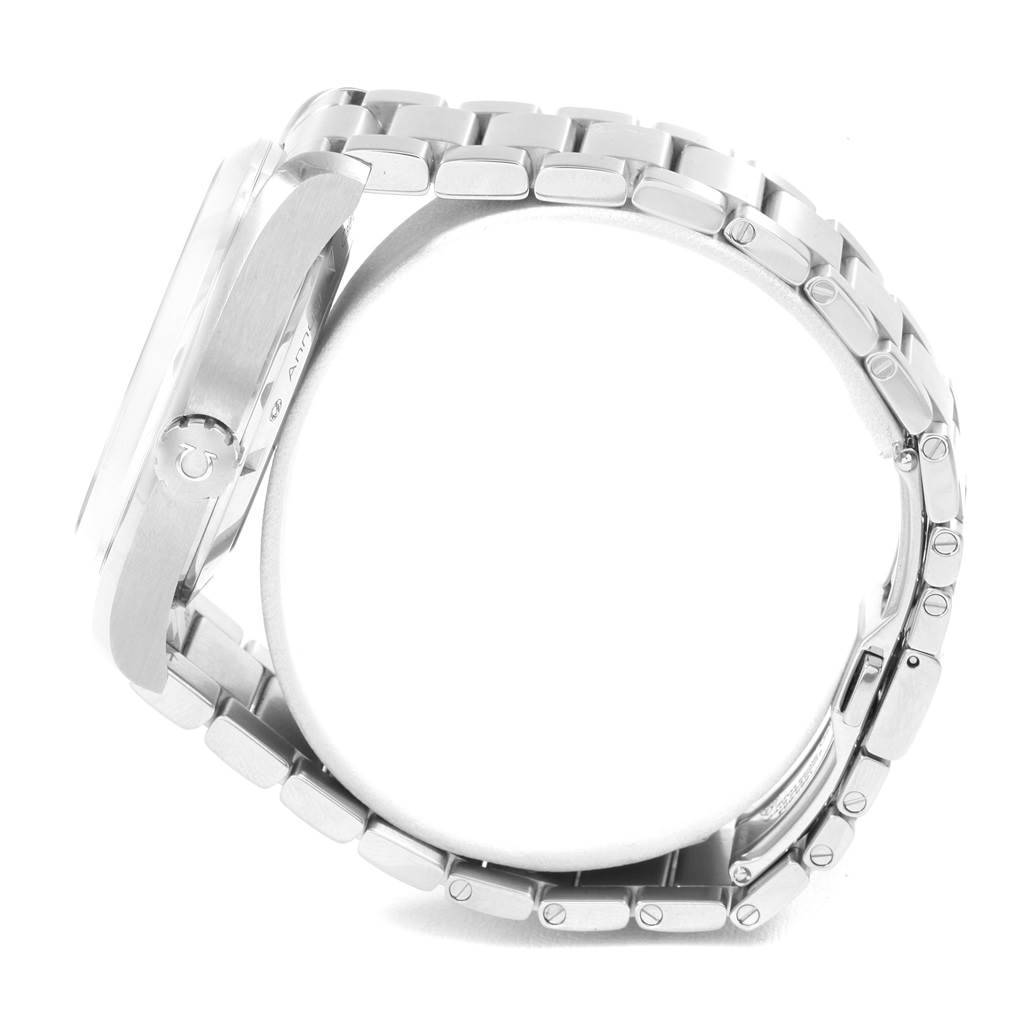 The Omega Aqua Terra 231.10.43.22.06.001 Men's Stainless Steel Grey Dial 231.10.43.22.06.001 Men's Stainless Steel Grey Dial watch is shown from the left side, displaying the case, crown, and part of the bracelet.