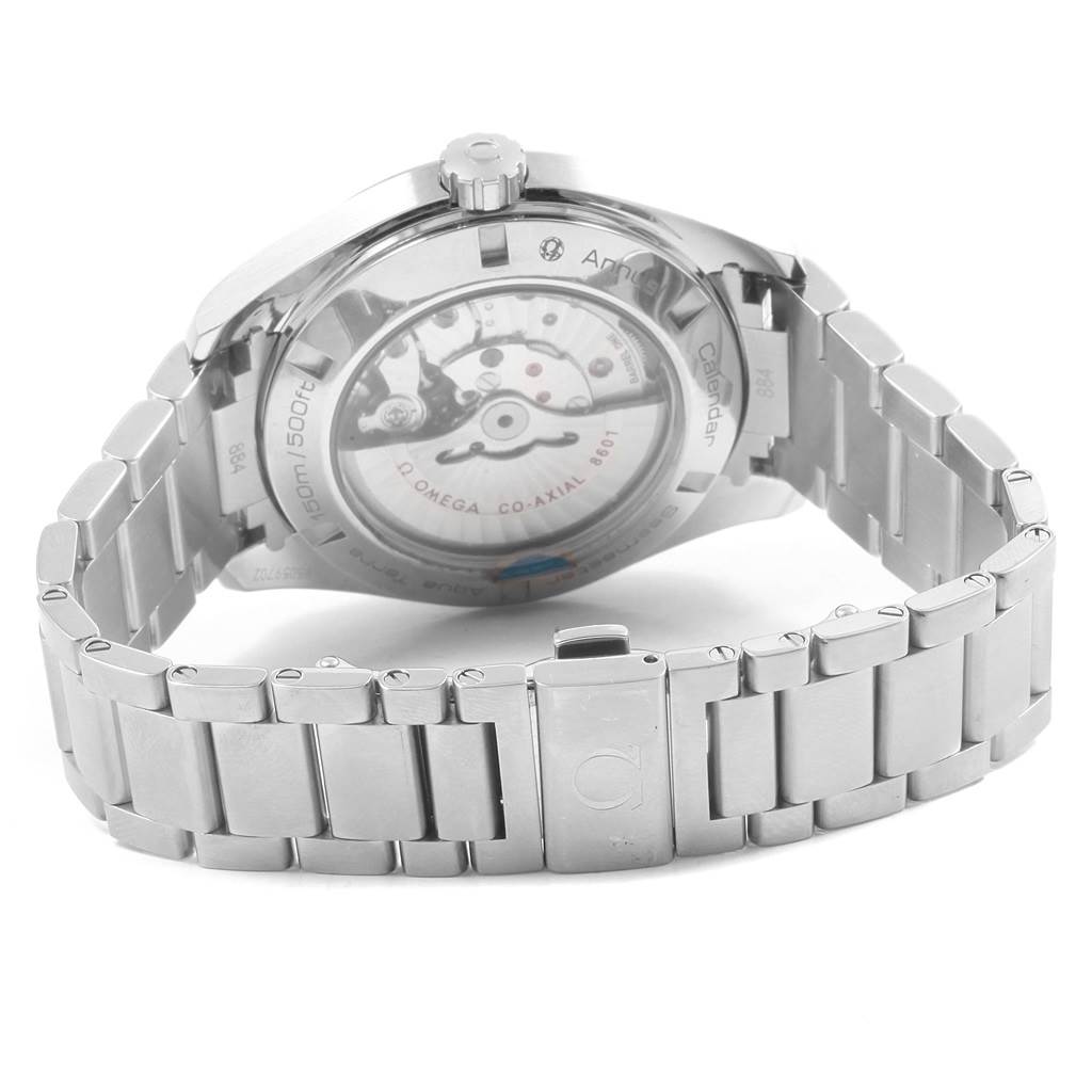 The image shows the back view of the Omega Aqua Terra 231.10.43.22.06.001 Men's Stainless Steel Grey Dial 231.10.43.22.06.001 Men's Stainless Steel Grey Dial watch, highlighting its movement and stainless steel bracelet.