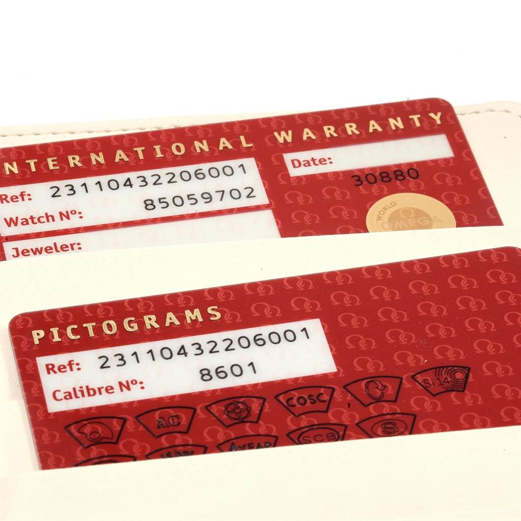 The image shows the International Warranty and Pictograms cards for an Omega Aqua Terra 231.10.43.22.06.001 Men's Stainless Steel Grey Dial 231.10.43.22.06.001 Men's Stainless Steel Grey Dial model watch.