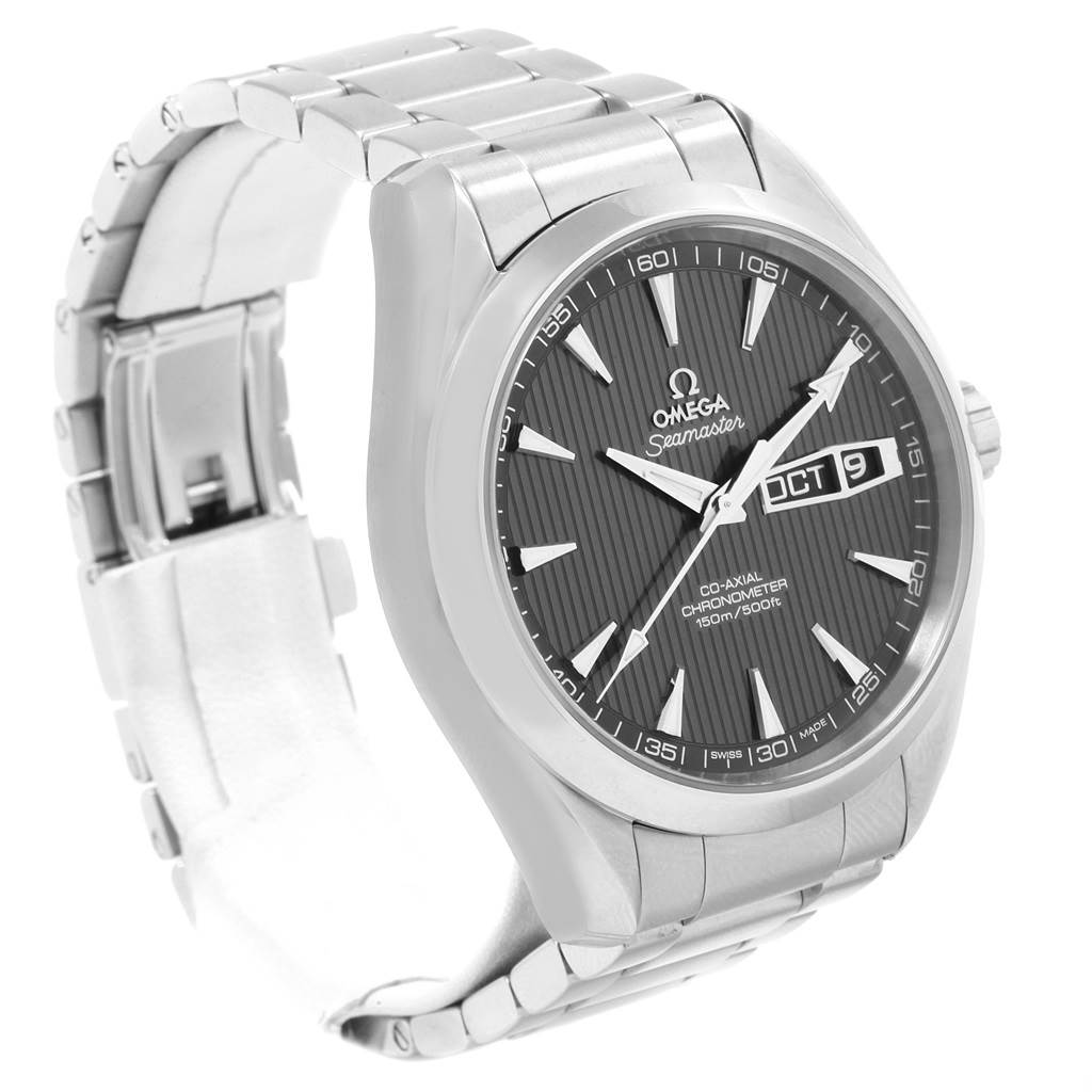 The image shows a front-angle view of the Omega Aqua Terra 231.10.43.22.06.001 Men's Stainless Steel Grey Dial 231.10.43.22.06.001 Men's Stainless Steel Grey Dial watch, highlighting its face, bezel, and bracelet.