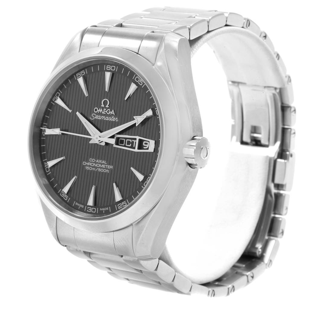 This Omega Aqua Terra 231.10.43.22.06.001 Men's Stainless Steel Grey Dial 231.10.43.22.06.001 Men's Stainless Steel Grey Dial watch is shown from a front-left angle, highlighting the dial, crown, and metal bracelet.