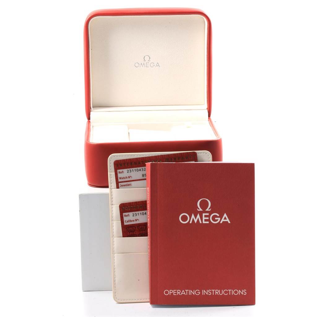 The image shows an open Omega watch box, an Omega Aqua Terra 231.10.43.22.06.001 Men's Stainless Steel Grey Dial 231.10.43.22.06.001 Men's Stainless Steel Grey Dial instruction manual, and warranty cards.