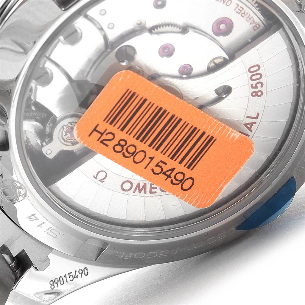 The image shows the back case and some internal components of the Omega Aqua Terra 231.10.39.21.03.002 Men's Stainless Steel Blue Dial 231.10.39.21.03.002 Men's Stainless Steel Blue Dial watch, including a visible serial number and barcode.