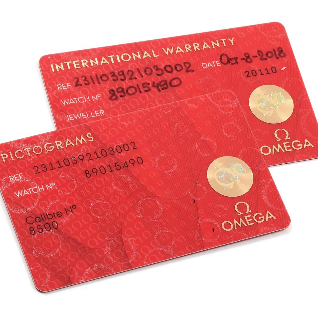 The image shows two Omega Aqua Terra 231.10.39.21.03.002 Men's Stainless Steel Blue Dial 231.10.39.21.03.002 Men's Stainless Steel Blue Dial model cards, including an International Warranty card and a Pictograms card, at an angled top-down view.