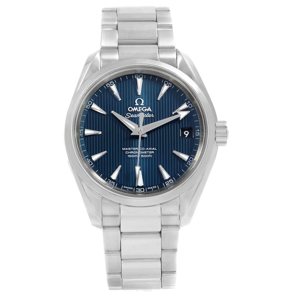The Omega Aqua Terra 231.10.39.21.03.002 Men's Stainless Steel Blue Dial 231.10.39.21.03.002 Men's Stainless Steel Blue Dial watch is shown from a front angle, displaying the face, dial, bracelet, and crown.