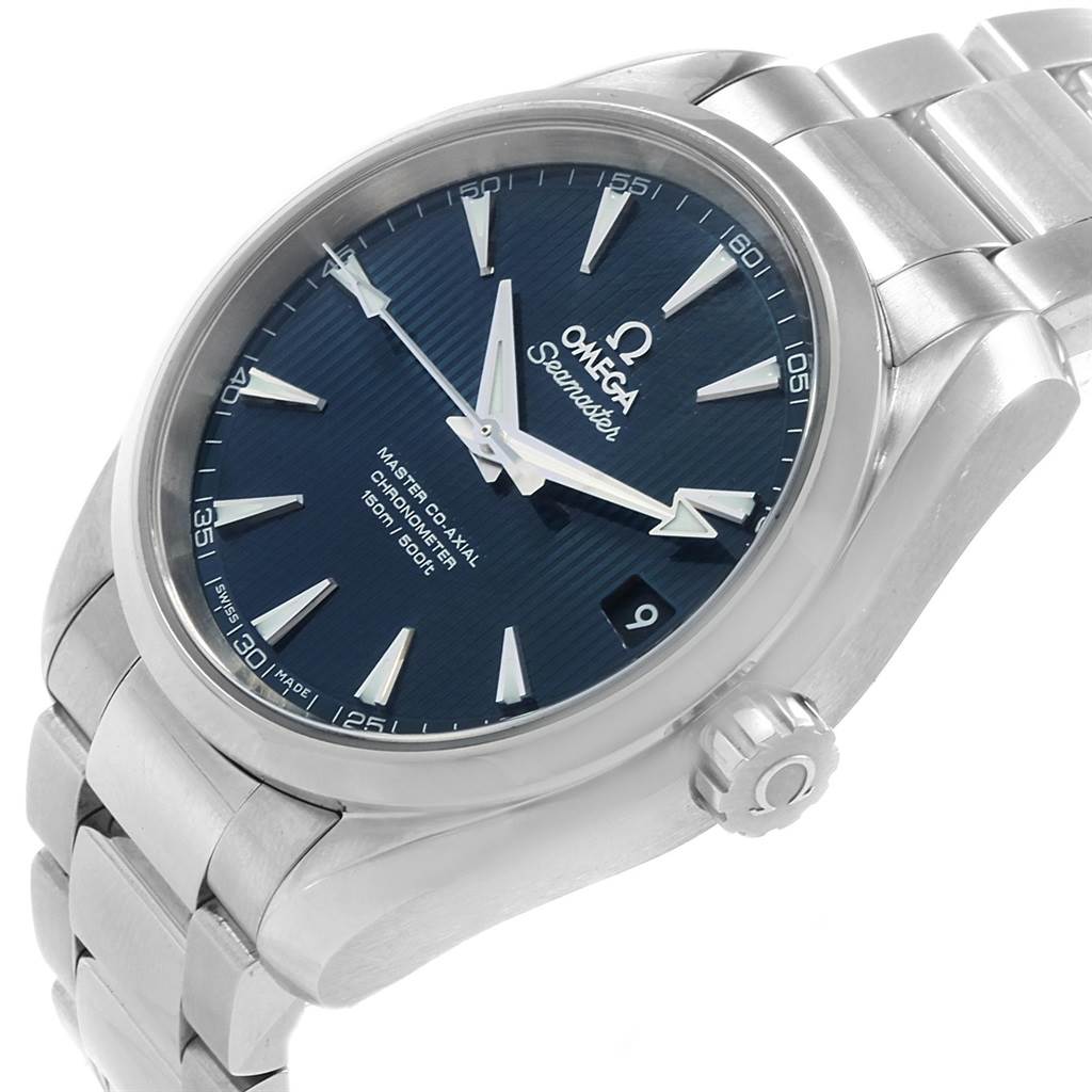 The image shows an angled view of the Omega Aqua Terra 231.10.39.21.03.002 Men's Stainless Steel Blue Dial 231.10.39.21.03.002 Men's Stainless Steel Blue Dial watch, highlighting the dial, bezel, case, crown, and part of the bracelet.