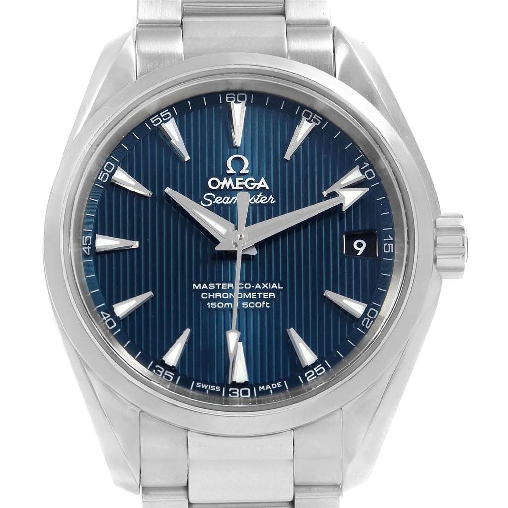 The image shows a front view of the Omega Aqua Terra 231.10.39.21.03.002 Men's Stainless Steel Blue Dial 231.10.39.21.03.002 Men's Stainless Steel Blue Dial watch, highlighting the dial, hands, markers, and date window.