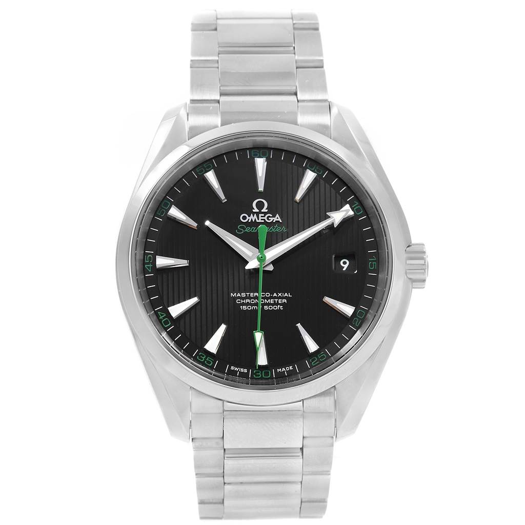 This image shows a front view of the Omega Aqua Terra 231.10.42.21.01.004 Men
s Stainless Steel Black Dial 231.10.42.21.01.004 Men
s Stainless Steel Black Dial watch, featuring its dial, case, and bracelet.