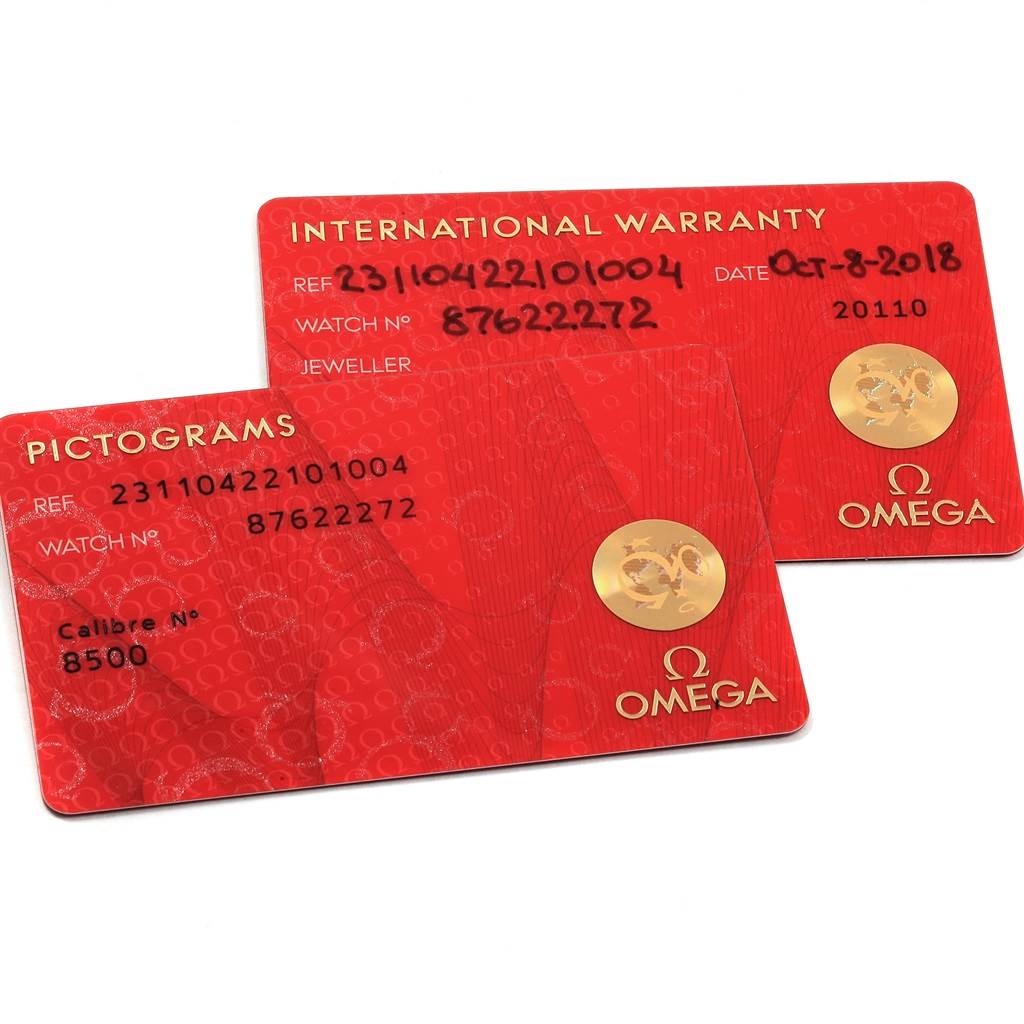 The image shows two red Omega Aqua Terra 231.10.42.21.01.004 Men
s Stainless Steel Black Dial 231.10.42.21.01.004 Men
s Stainless Steel Black Dial warranty and pictogram cards with reference, watch number, and caliber details.