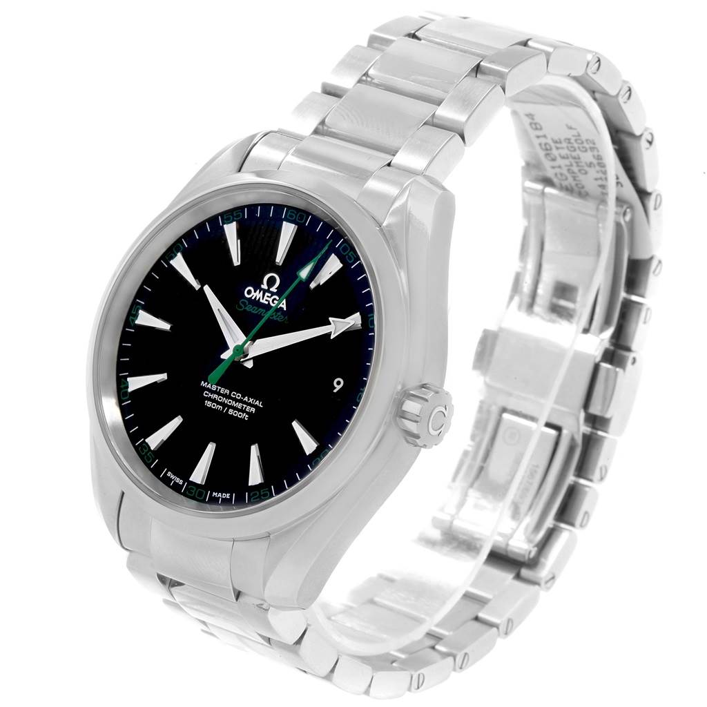 The image shows an Omega Aqua Terra 231.10.42.21.01.004 Men
s Stainless Steel Black Dial 231.10.42.21.01.004 Men
s Stainless Steel Black Dial watch from a side angle, highlighting the dial, markers, crown, and bracelet.