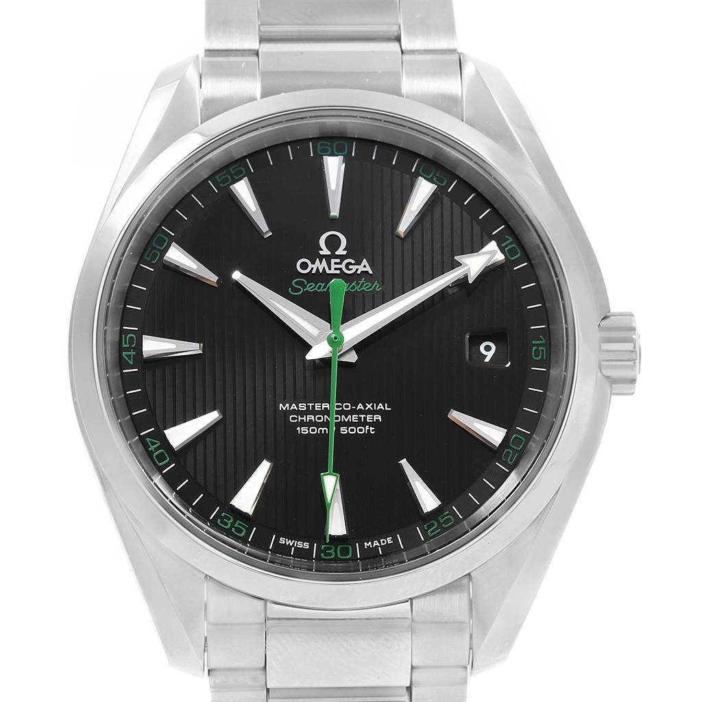 The image shows a front view of the Omega Aqua Terra 231.10.42.21.01.004 Men
s Stainless Steel Black Dial 231.10.42.21.01.004 Men
s Stainless Steel Black Dial watch face and part of its metal bracelet.