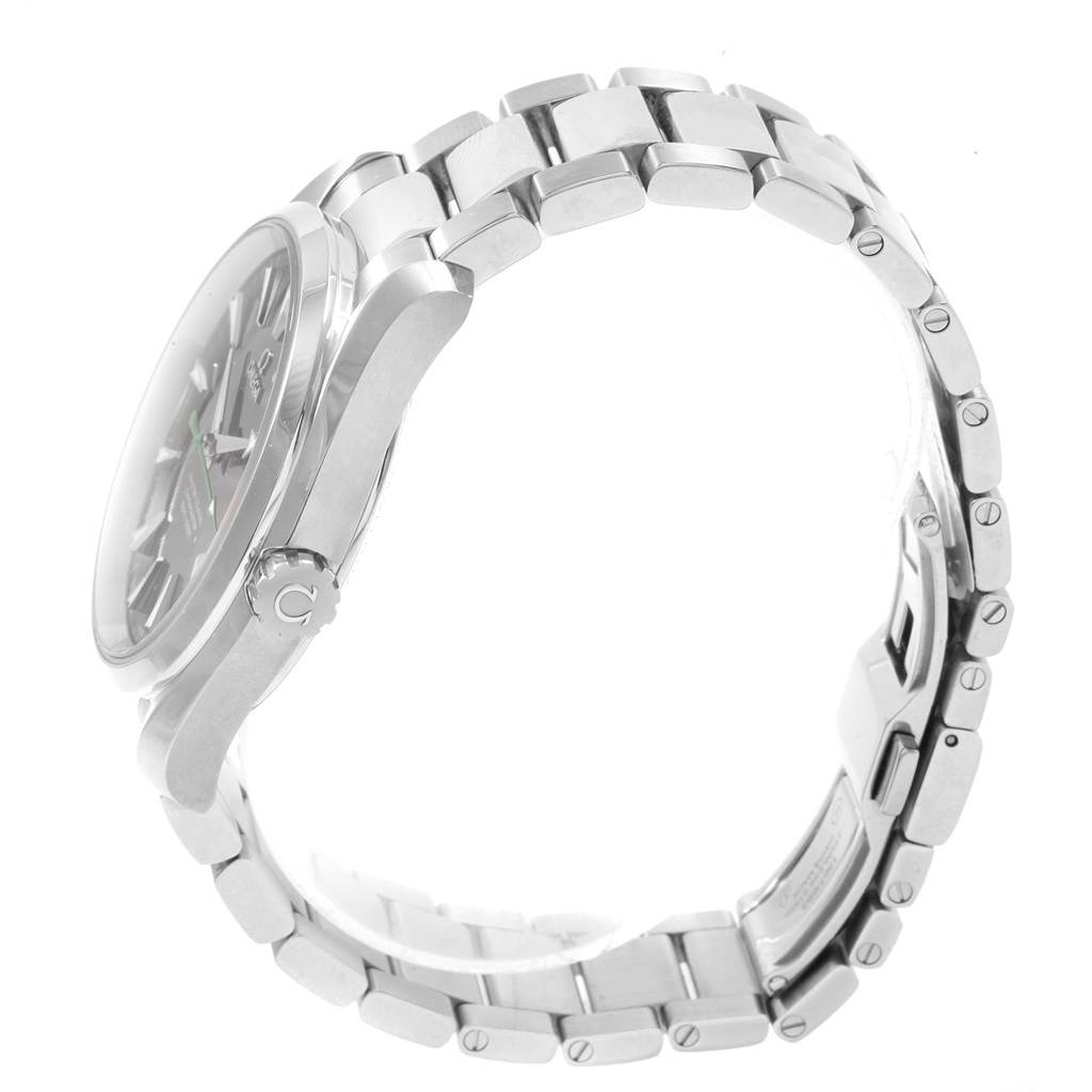 The image shows a side profile of the Omega Aqua Terra 231.10.42.21.01.004 Men
s Stainless Steel Black Dial 231.10.42.21.01.004 Men
s Stainless Steel Black Dial watch, highlighting its case, crown, and bracelet.