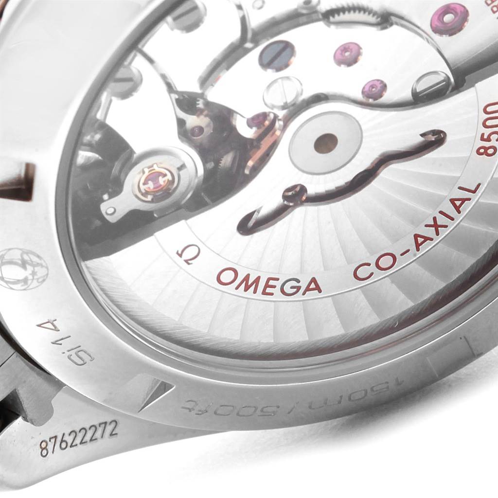 The image shows the case back of the Omega Aqua Terra 231.10.42.21.01.004 Men
s Stainless Steel Black Dial 231.10.42.21.01.004 Men
s Stainless Steel Black Dial watch, revealing the Co-Axial 8500 movement.