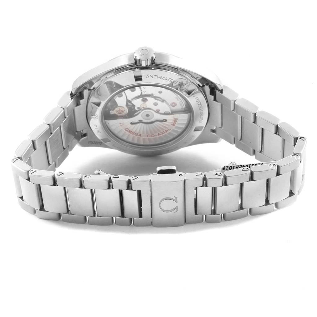 The image shows the back of the Omega Aqua Terra 231.10.42.21.01.004 Men
s Stainless Steel Black Dial 231.10.42.21.01.004 Men
s Stainless Steel Black Dial watch, including its exposed movement and stainless steel bracelet.