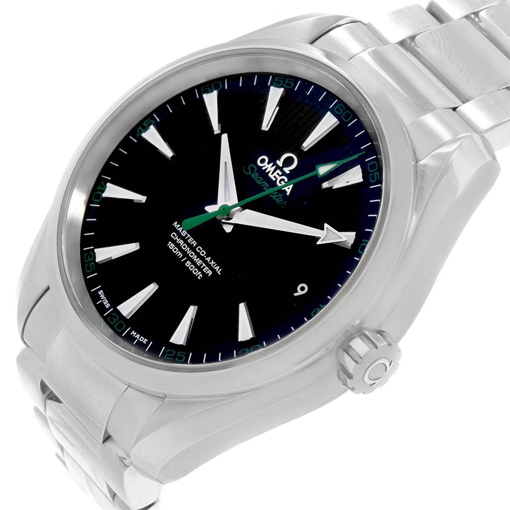 The image shows a close-up angled view of the Omega Aqua Terra 231.10.42.21.01.004 Men
s Stainless Steel Black Dial 231.10.42.21.01.004 Men
s Stainless Steel Black Dial watch, highlighting the dial, bezel, crown, and part of the bracelet.