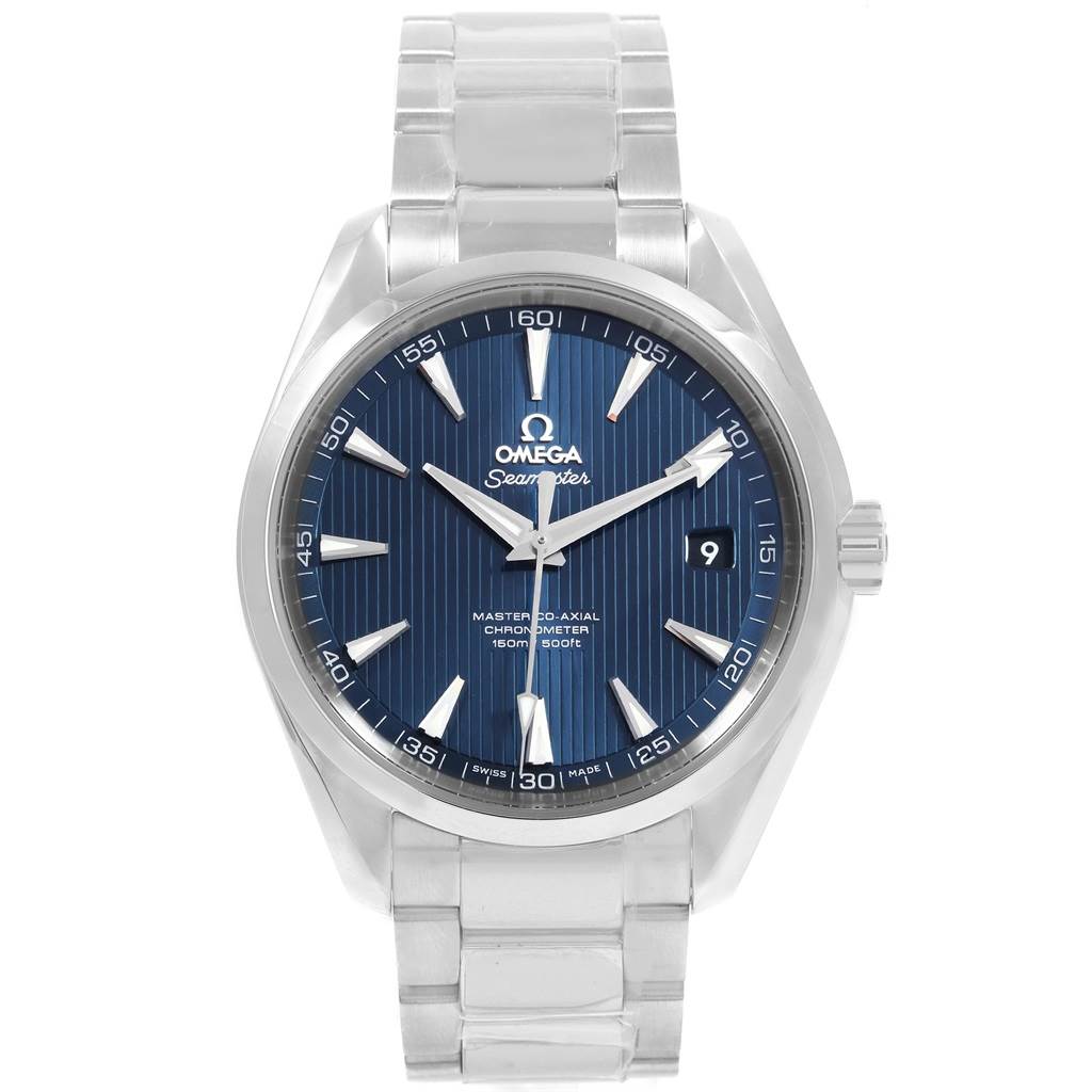 This image displays the front view of the Omega Aqua Terra 231.10.42.21.03.003 Men's Stainless Steel Blue Dial 231.10.42.21.03.003 Men's Stainless Steel Blue Dial model, showing its dial, hands, indices, date window, and bracelet.