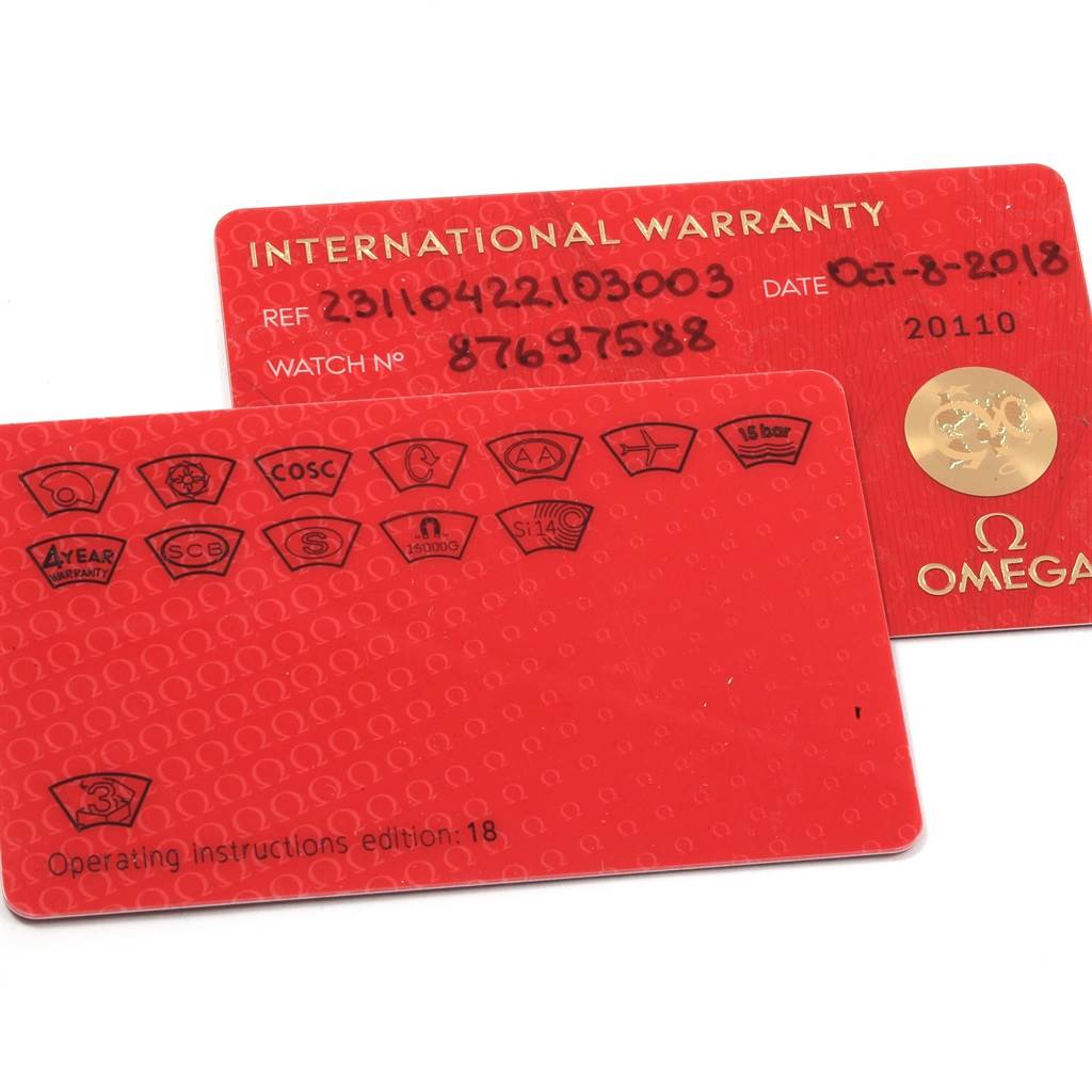 The image shows the International Warranty and Operating Instructions cards for the Omega Aqua Terra 231.10.42.21.03.003 Men's Stainless Steel Blue Dial 231.10.42.21.03.003 Men's Stainless Steel Blue Dial model.