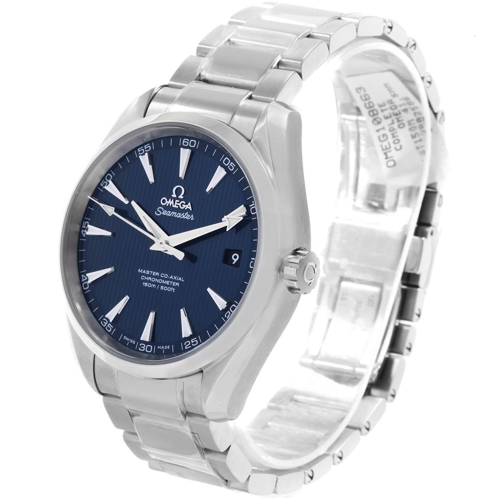 The Omega Aqua Terra 231.10.42.21.03.003 Men's Stainless Steel Blue Dial 231.10.42.21.03.003 Men's Stainless Steel Blue Dial watch is shown from a front-left angle, displaying its face, bracelet, and crown.